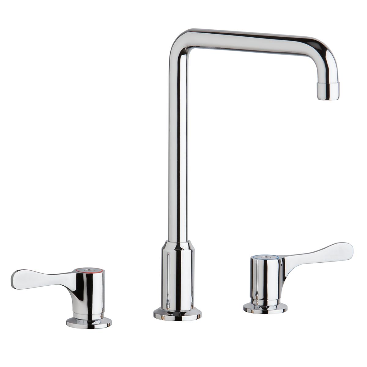 Chrome deck mount faucet with tall arc spout, two lever handles, and centerset configuration.