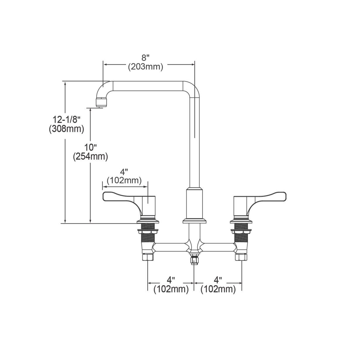 Chrome deck mount faucet with arc tube spout, 8" reach, and 4" lever handles shown in technical schematic with dimensions.