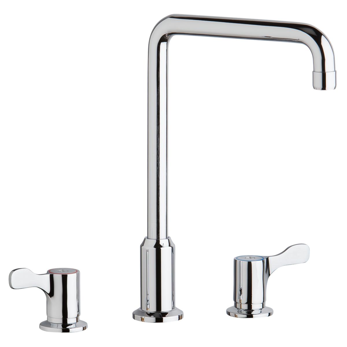 Chrome deck mount faucet with tall arc spout and two lever handles on either side.