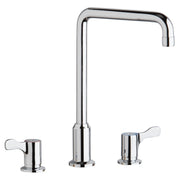 Chrome deck mount faucet with tall arc spout and two lever handles on either side.
