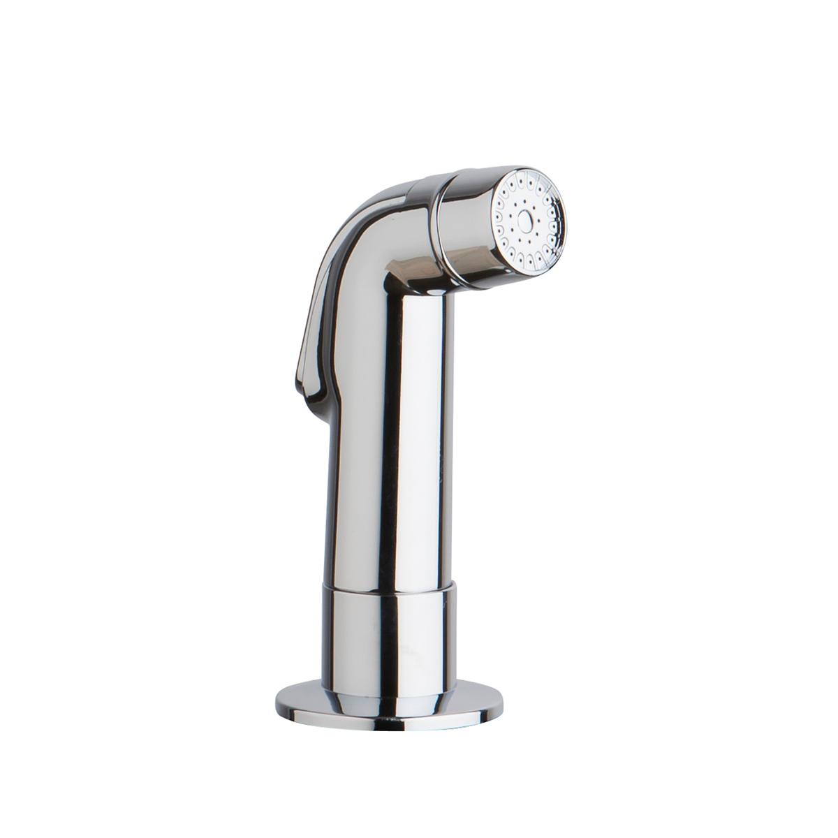 Chrome kitchen faucet with curved spout and detachable side spray head on round base.