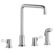 Chrome centerset faucet with tall arc spout, two lever handles, and detached side spray.