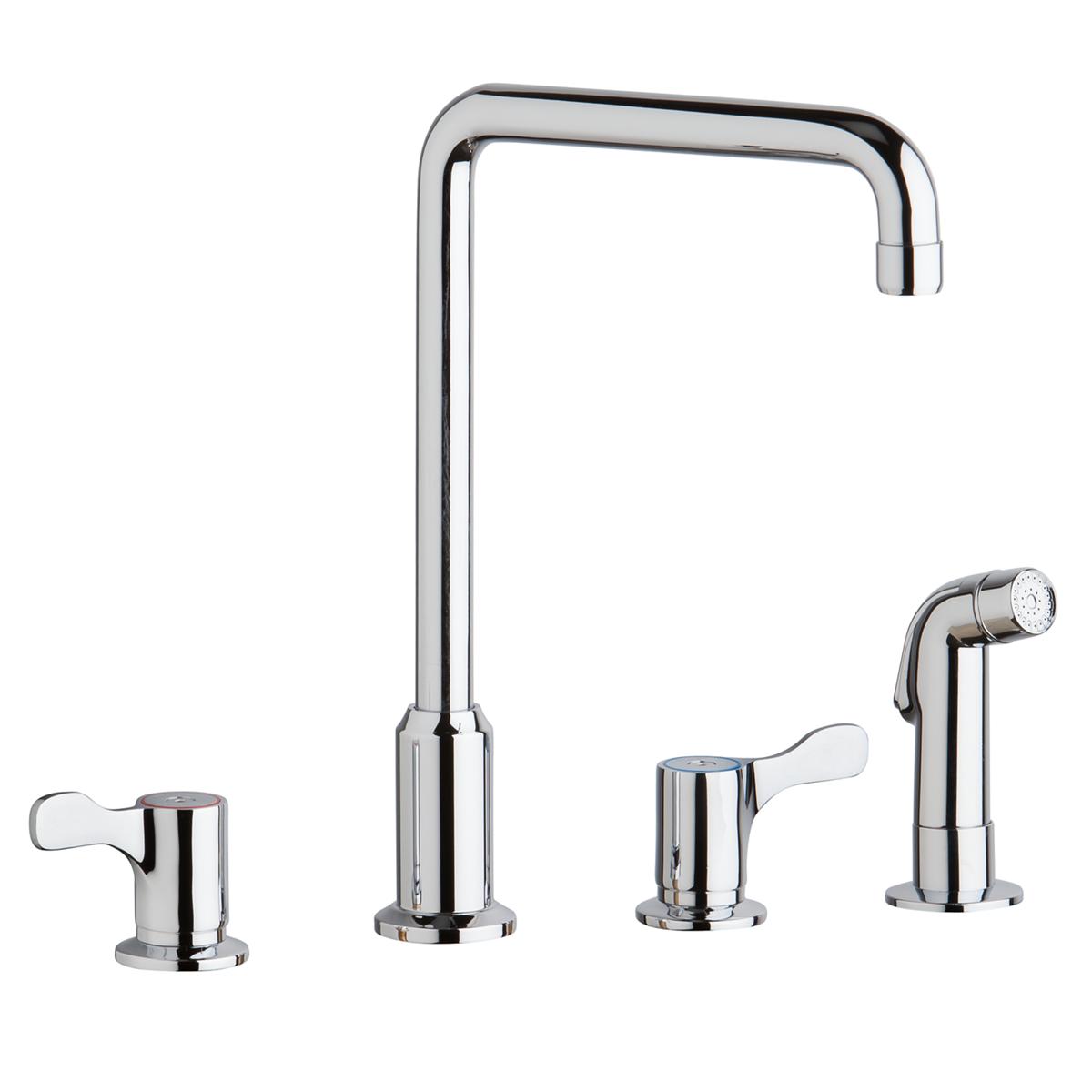 Chrome centerset faucet with tall arc spout, two lever handles, and detached side spray.