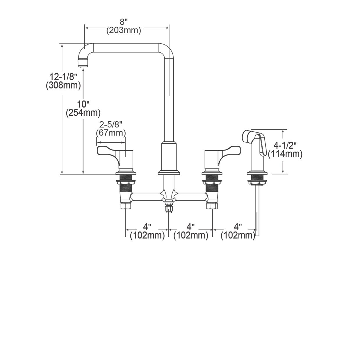 Chrome deck mount faucet with arc spout, two lever handles, and side spray shown in technical schematic with dimensions.