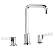 Chrome three-piece deck mount faucet with tall arc spout and lever handles on white background.