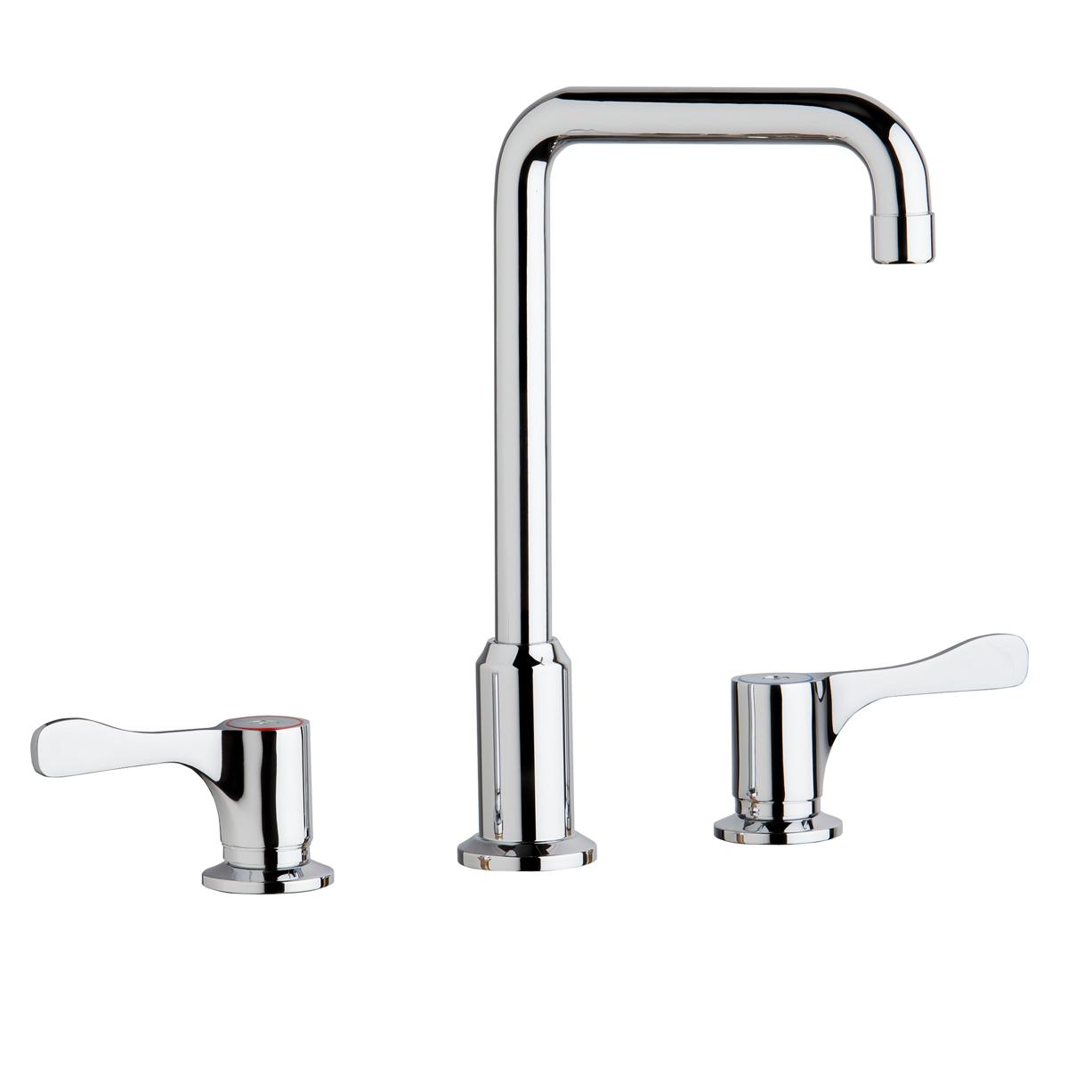 Chrome three-piece deck mount faucet with tall arc spout and lever handles on white background.