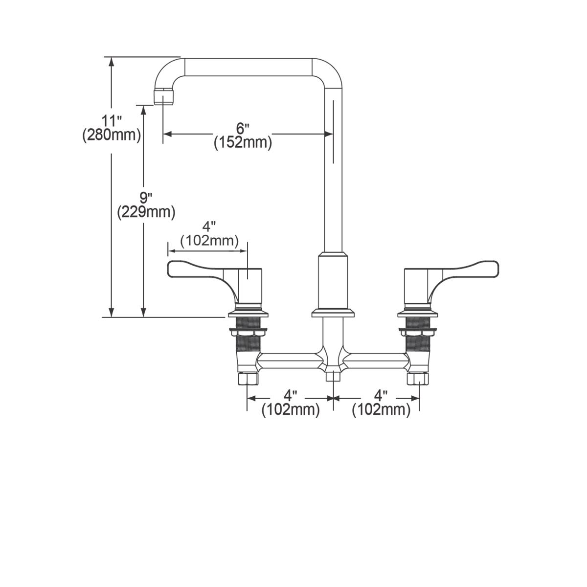 Chrome deck mount faucet with curved arc spout, two lever handles, and dimension measurements labeled.