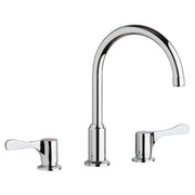 Chrome centerset faucet with arcing spout and two lever handles on white background.