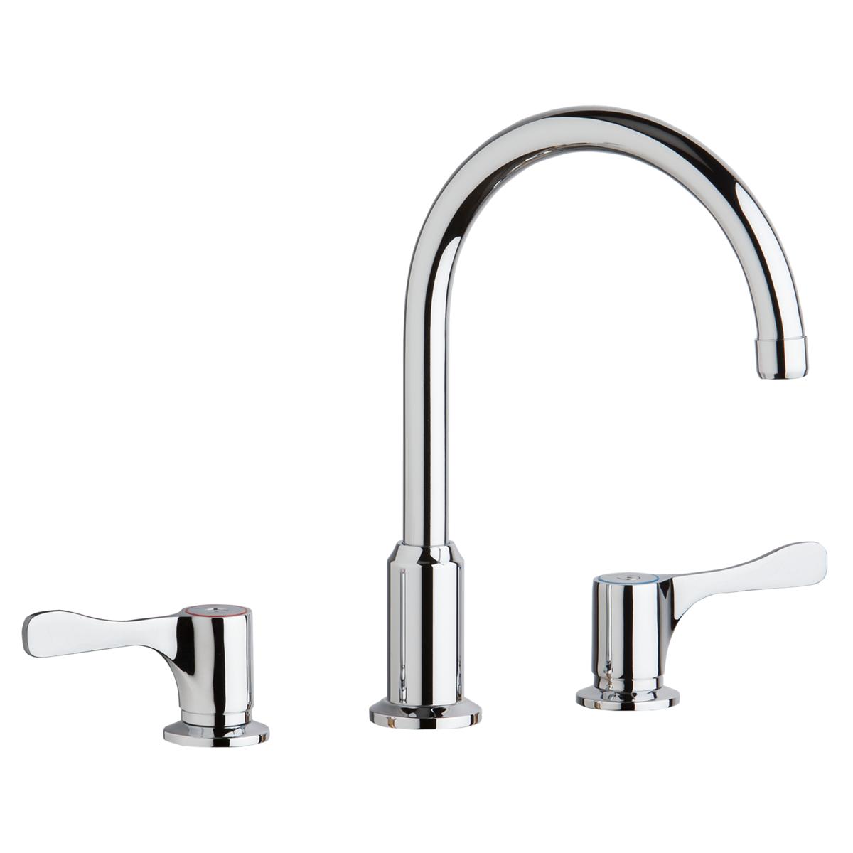 Chrome centerset faucet with arcing spout and two lever handles on white background.