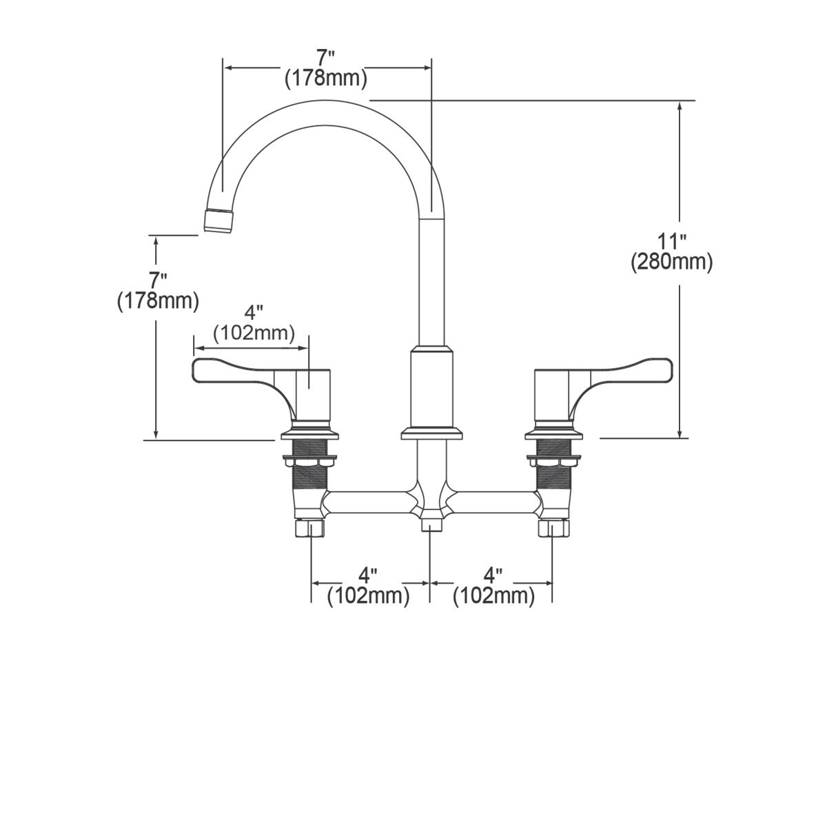Chrome centerset faucet with curved arc spout and two 4-inch lever handles shown in technical diagram with dimensions.