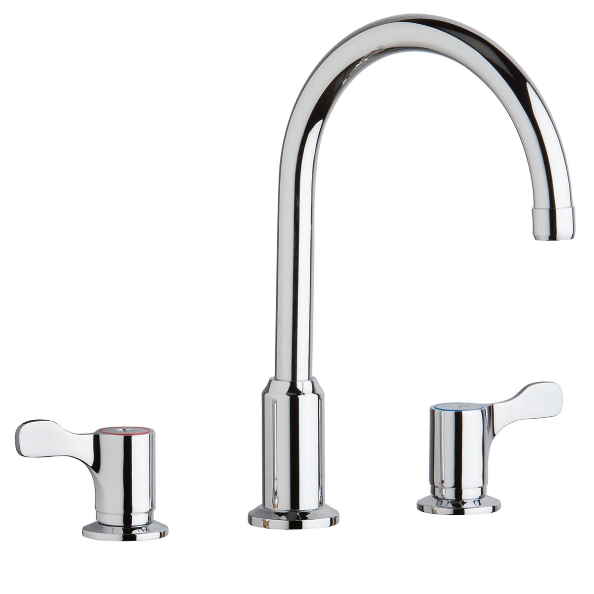 Chrome three-piece faucet with curved arc spout and two lever handles on circular bases.