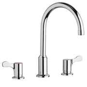 Chrome three-piece faucet with curved arc spout and two lever handles on circular bases.