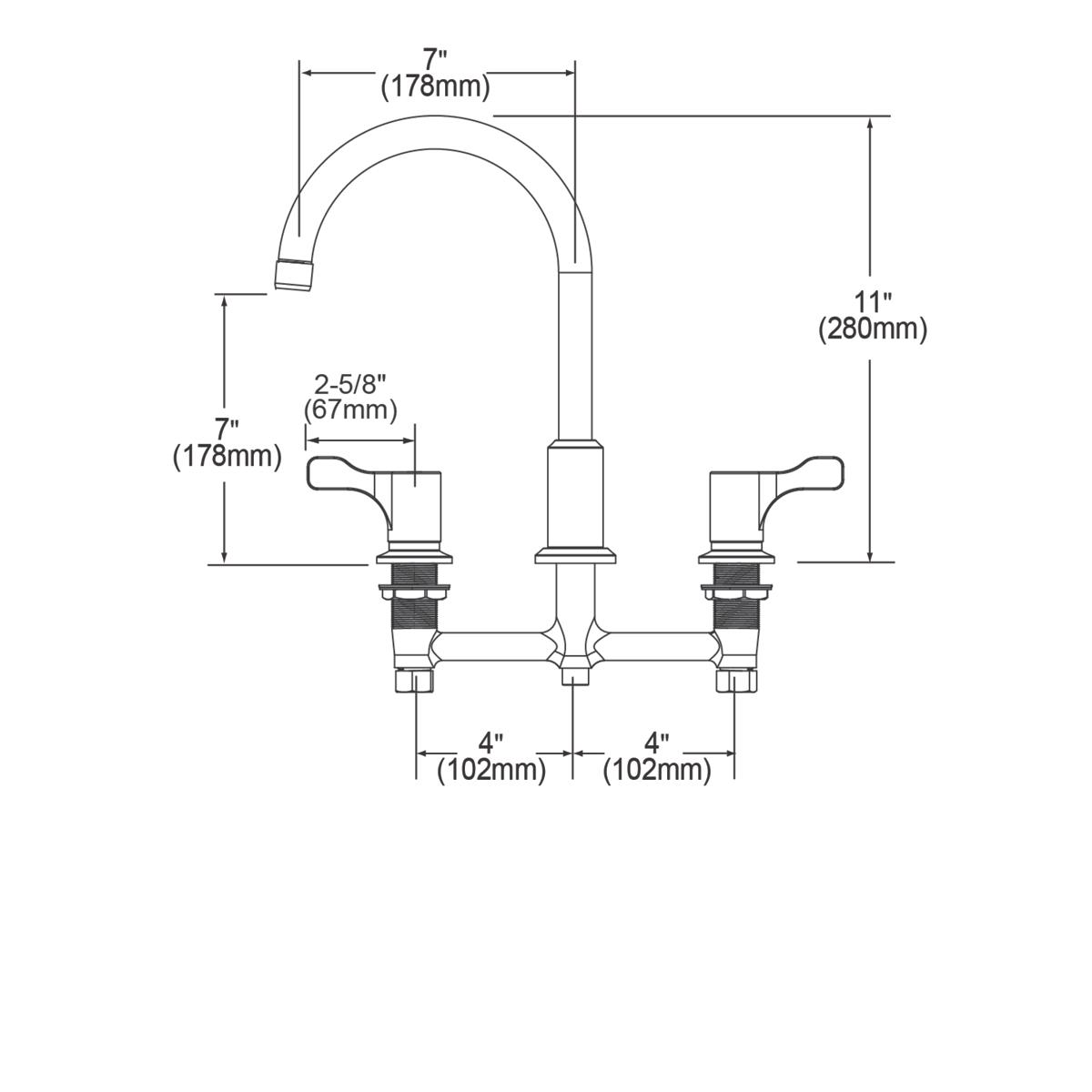 Chrome centerset faucet with curved arc spout and two lever handles shown in technical drawing with measurements.
