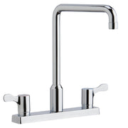 Chrome kitchen faucet with tall arc spout, deck mount base, and two lever handles on either side.