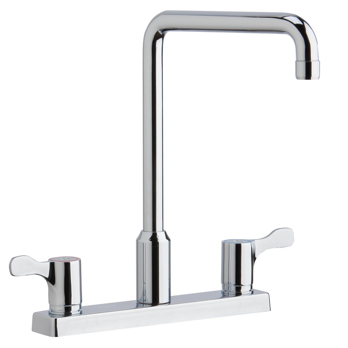 Chrome kitchen faucet with tall arc spout, deck mount base, and two lever handles on either side.