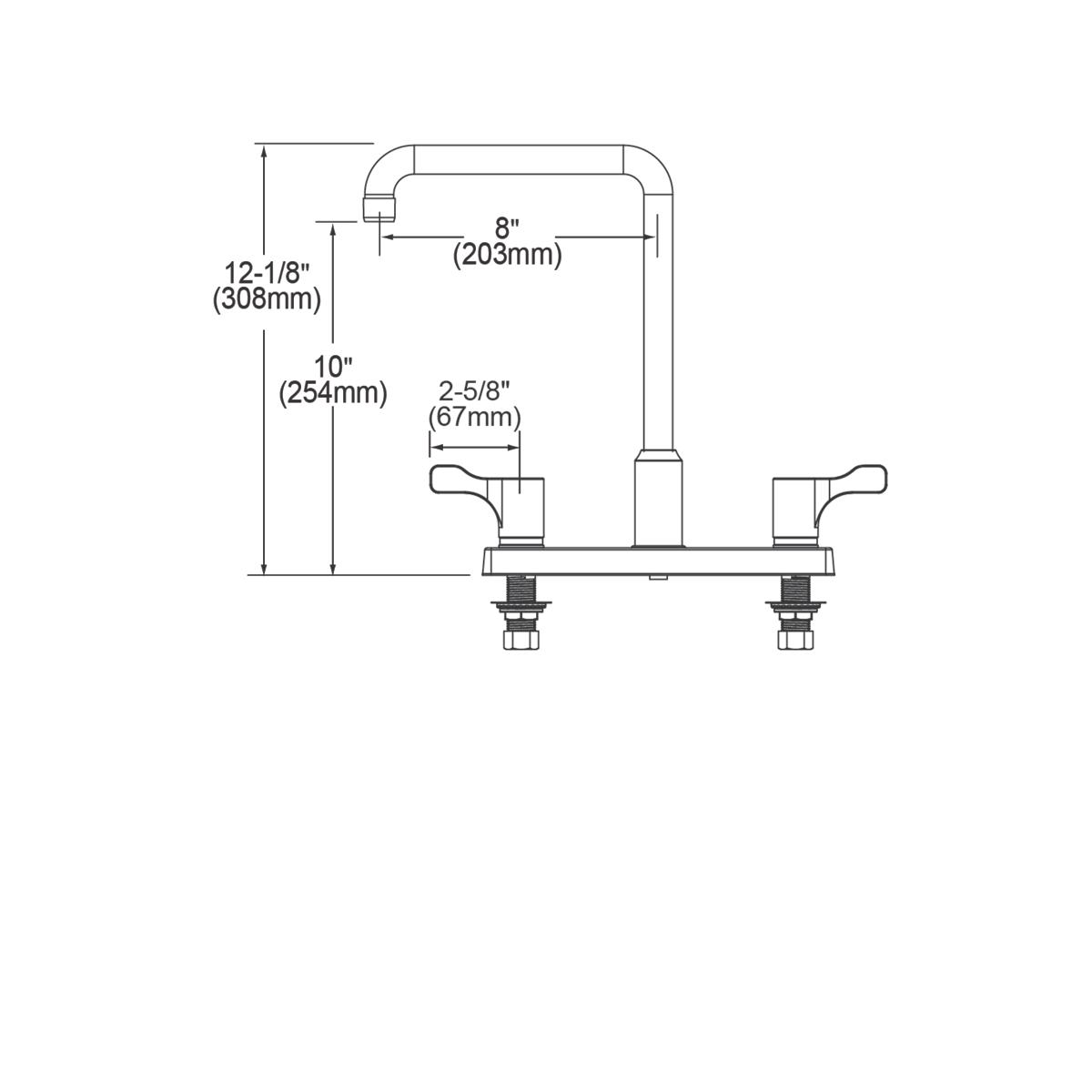 Chrome deck mount faucet with curved spout and two lever handles, shown with dimension specifications.