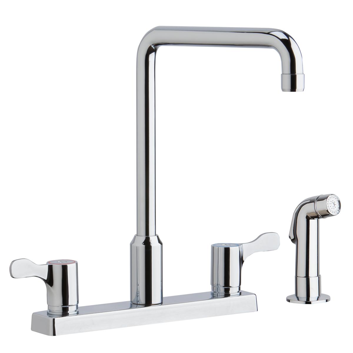 Chrome two-handle kitchen faucet with tall arc spout and separate side spray on white base plate.