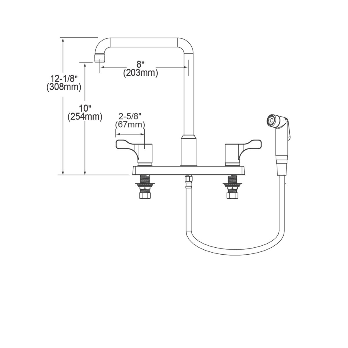 Chrome deck-mount faucet with arc spout, two lever handles, side spray, and dimension specifications shown.