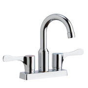 Chrome deck mount faucet with curved arc spout and two white lever handles on rectangular base.