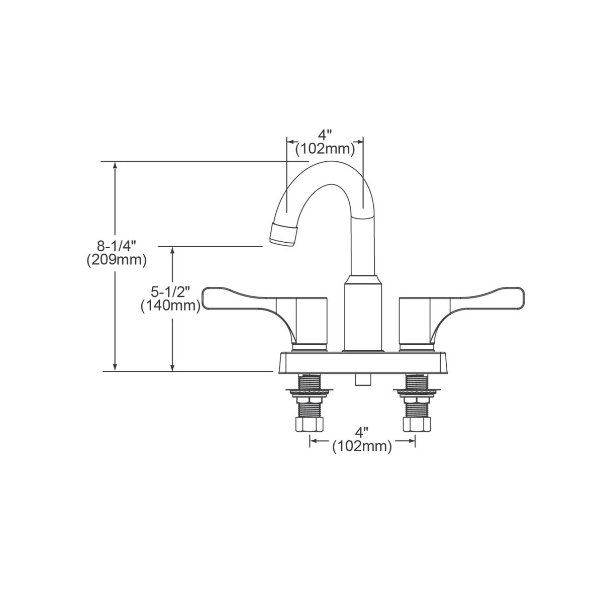 Chrome centerset faucet with curved arc spout and two lever handles, shown with dimensions and deck mount installation detail