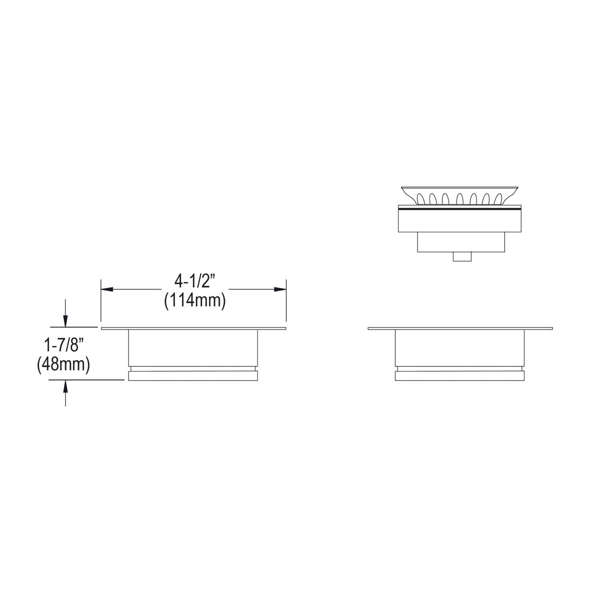 Antique steel drain fitting with removable strainer basket and flange, shown in top and side technical views with dimensions.