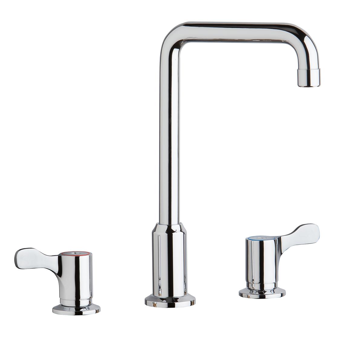 Chrome deck mount faucet with curved spout and two lever handles on either side.