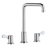 Chrome deck mount faucet with curved spout and two lever handles on either side.