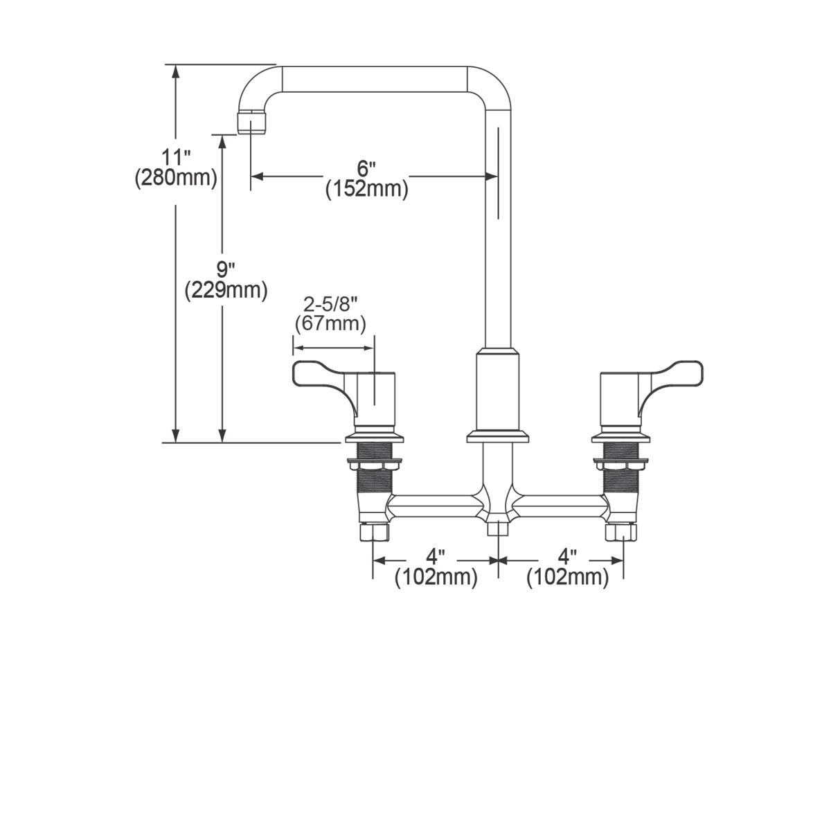 Chrome deck-mount faucet with 8" centerset spacing, curved spout, lever handles, and dimensional specifications labeled.