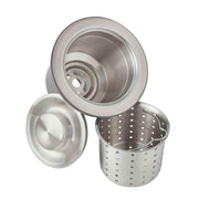 Stainless steel drain strainer basket with perforated sides, flat strainer insert, and two circular metal rings for 3-1/2" dr
