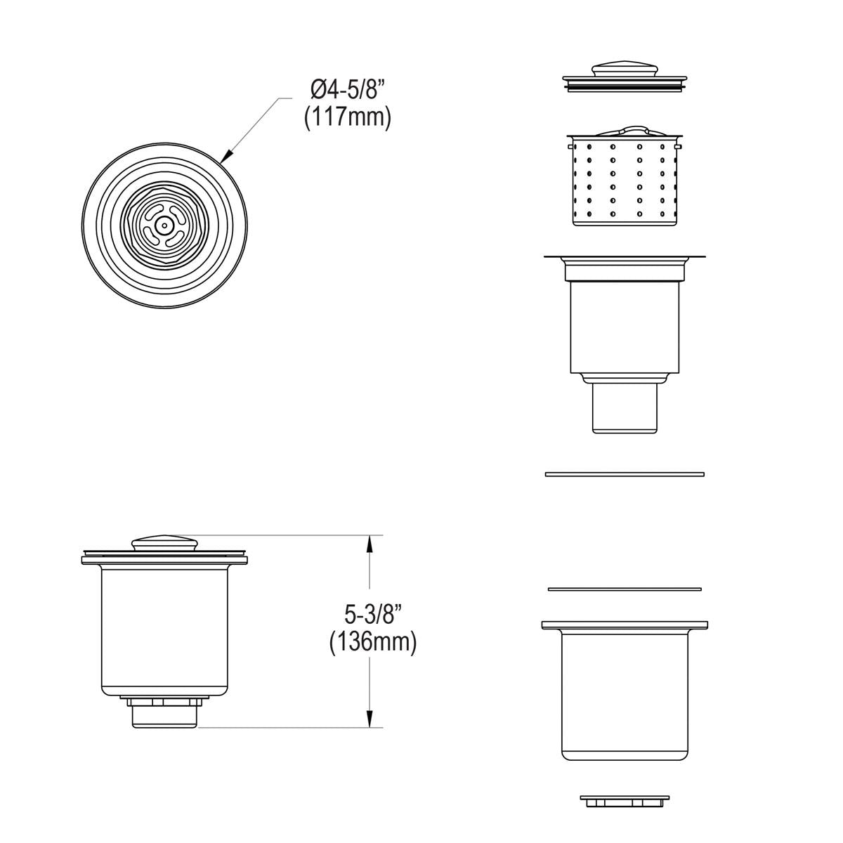Stainless steel drain strainer basket with 4-5/8" diameter opening and 5-3/8" depth, shown with perforated basket and removab