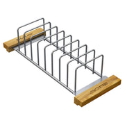 Stainless steel drying rack with nine vertical dividers and wood handles on each end.