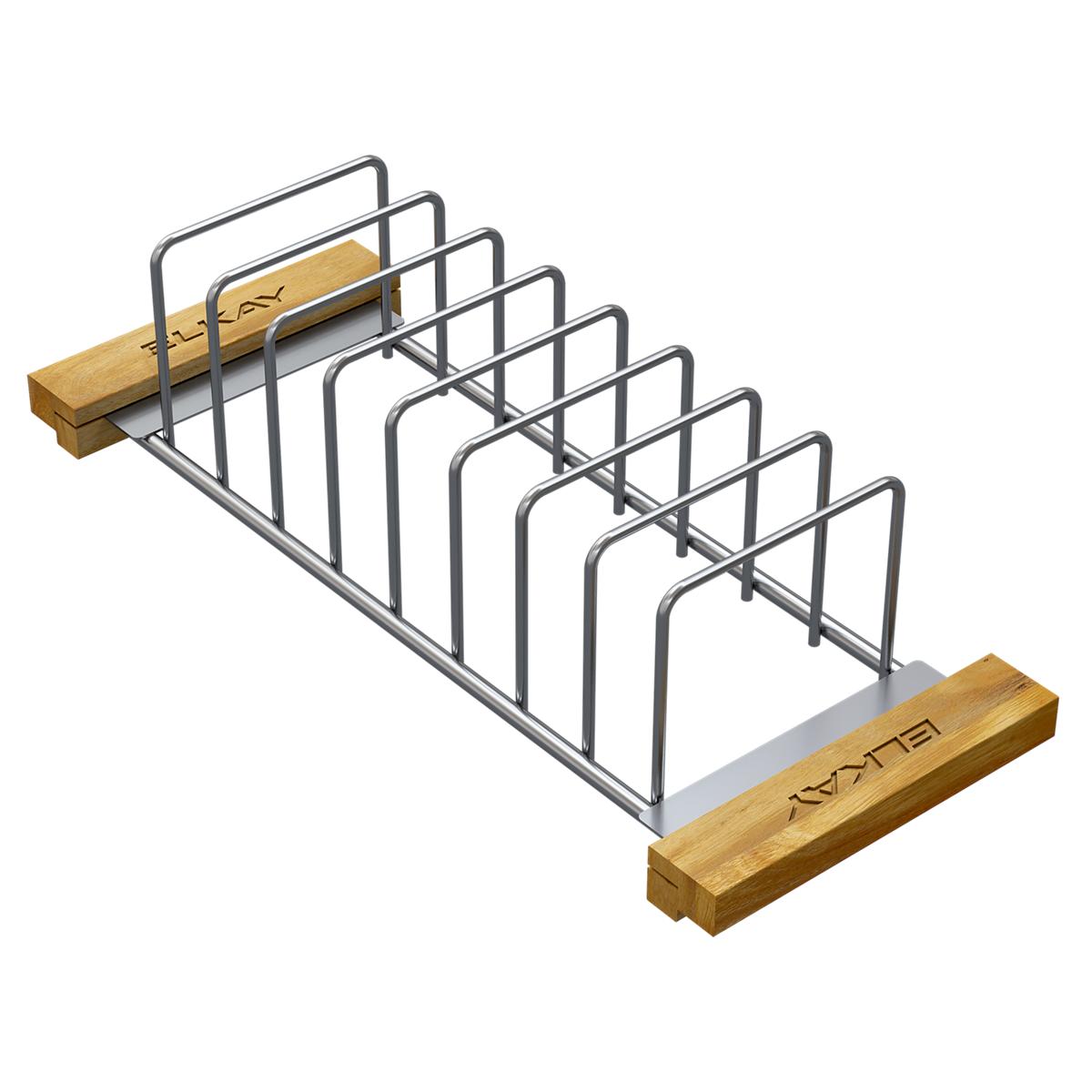 Stainless steel drying rack with nine vertical dividers and wood handles on each end.