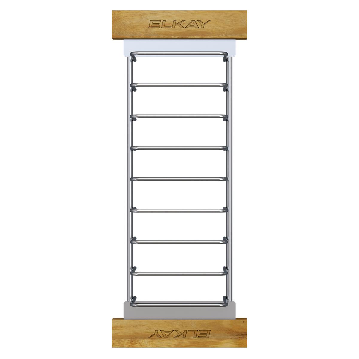 Stainless steel drying rack with eight horizontal rods, wood handles at top and base, and metal corner supports.