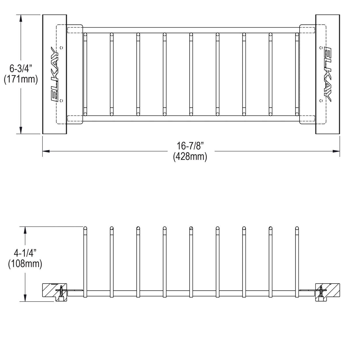 Stainless steel drying rack with nine vertical rods and wood handles on each end, shown in top and side views with dimensions