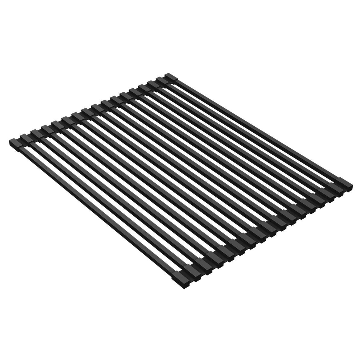 Black silicone drying rack with parallel rods and rubber corner supports.