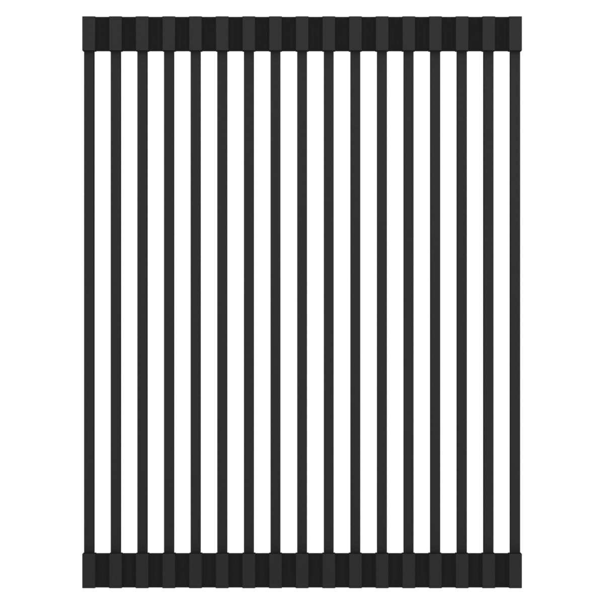 Black silicone dish drying rack with vertical slats and rubber border frame.