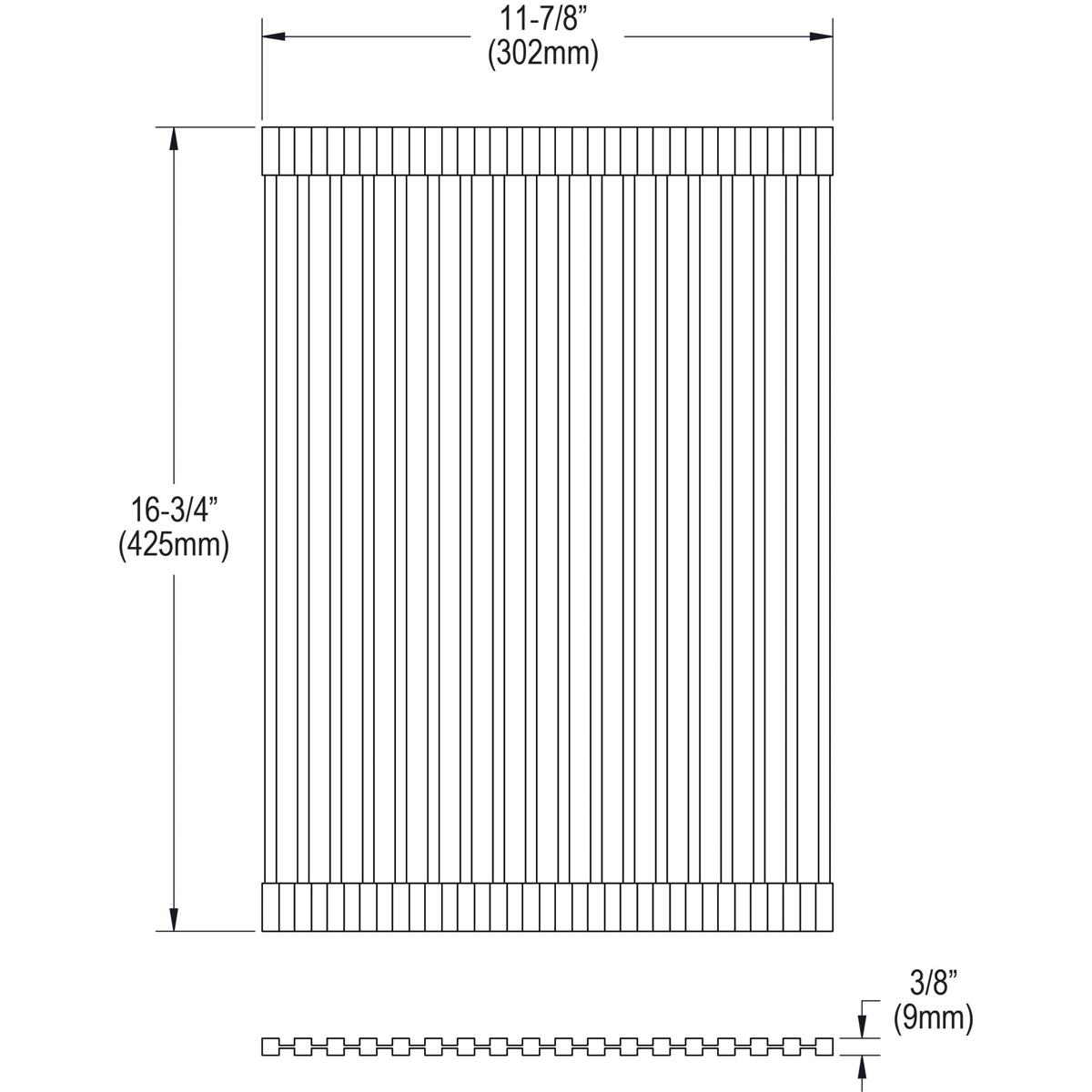 Black silicone drying rack with parallel slats and rectangular border frame, shown from front view with dimension labels.