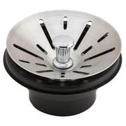 Stainless steel sink strainer with satin finish, black rubber rim, and center post with vertical slots around perimeter.