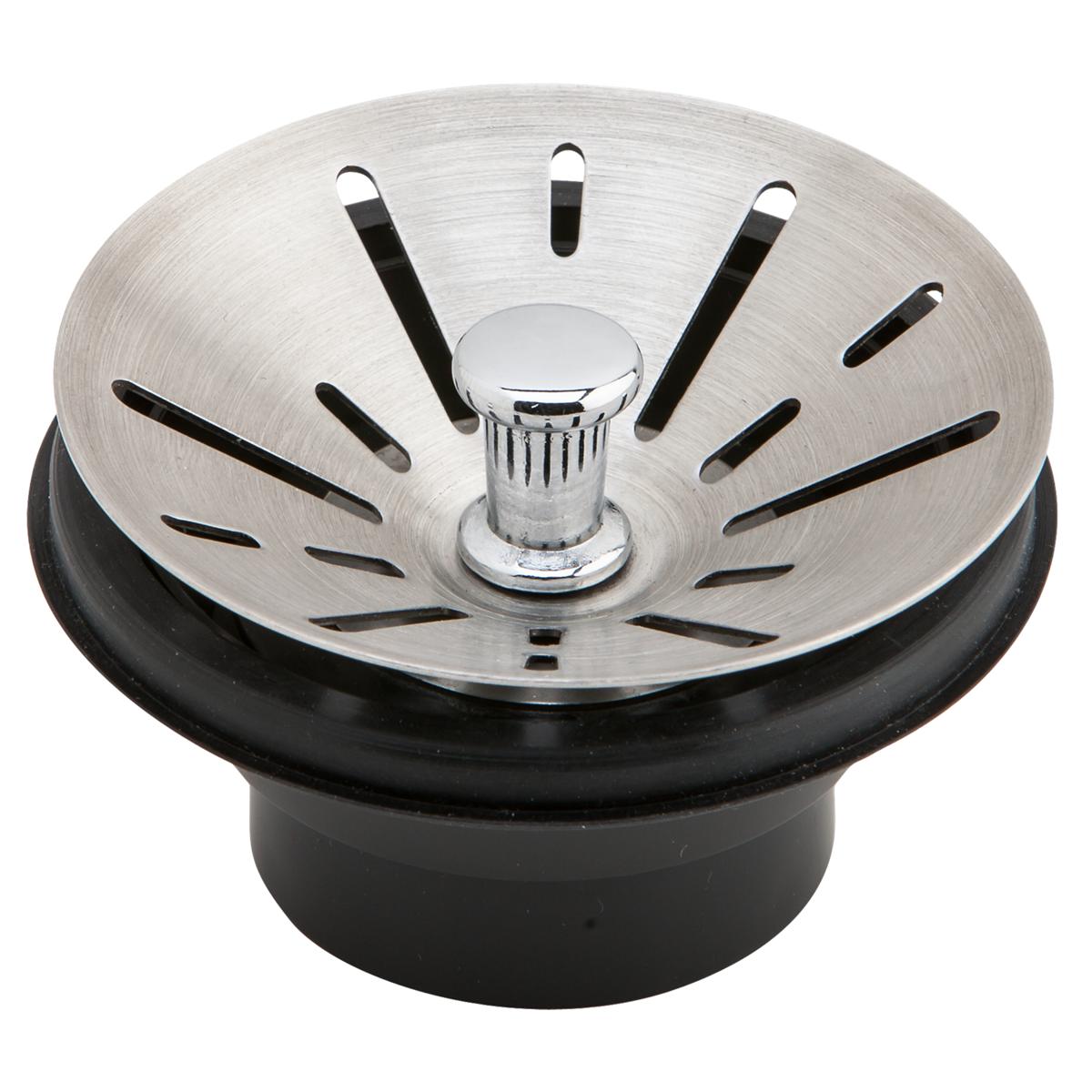 Stainless steel sink strainer with satin finish, black rubber rim, and center post with vertical slots around perimeter.