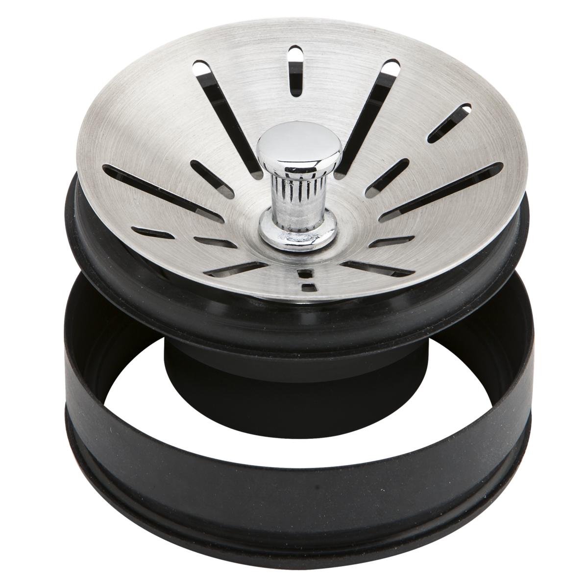 Stainless steel garbage disposal stopper with satin finish, black rubber base, and slotted strainer surface.