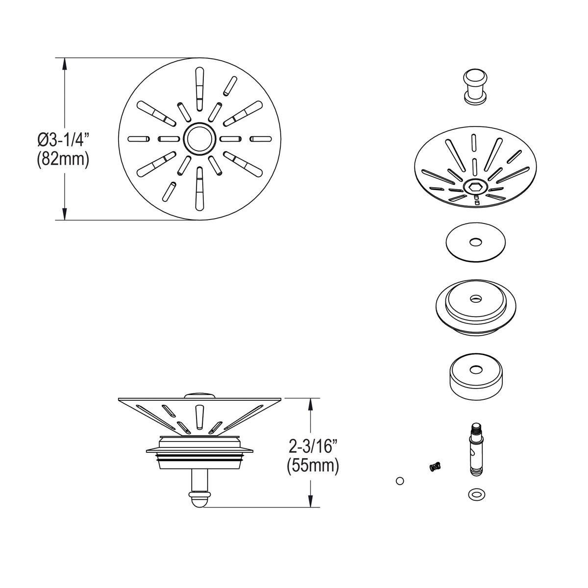 Satin finish stainless steel garbage disposal strainer with radial slots, 3-1/4 inch diameter, shown with assembly components