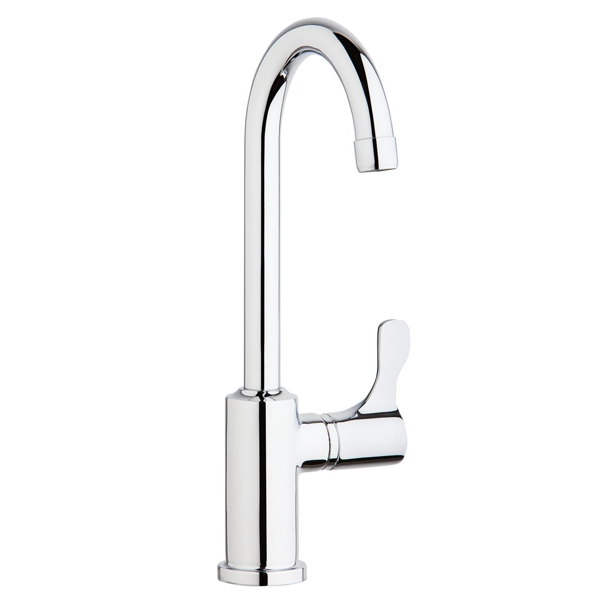 Chrome deck mount faucet with tall gooseneck spout and single lever handle on right side.