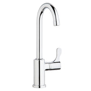 Chrome deck mount faucet with tall gooseneck spout and single lever handle on right side.