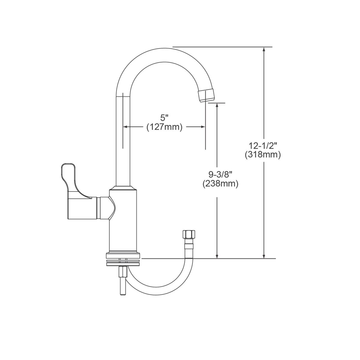 Chrome deck mount faucet with gooseneck spout, left-side lever handle, and dimensions labeled.