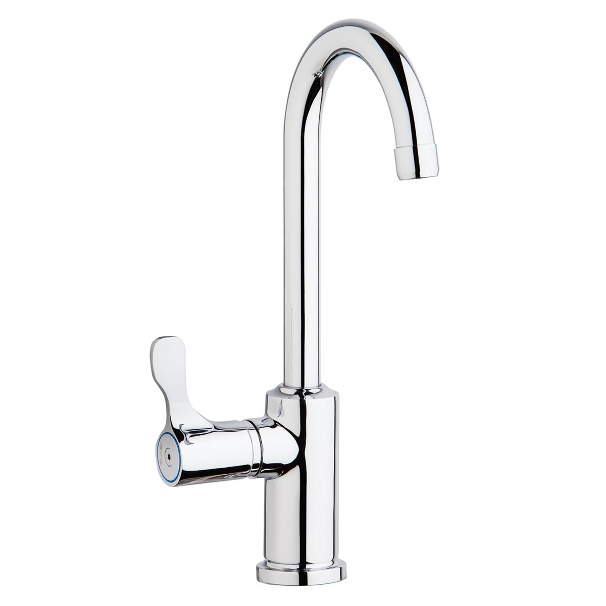 Chrome deck mount faucet with gooseneck spout and left-side lever handle.