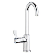 Chrome deck mount faucet with gooseneck spout and left-side lever handle.