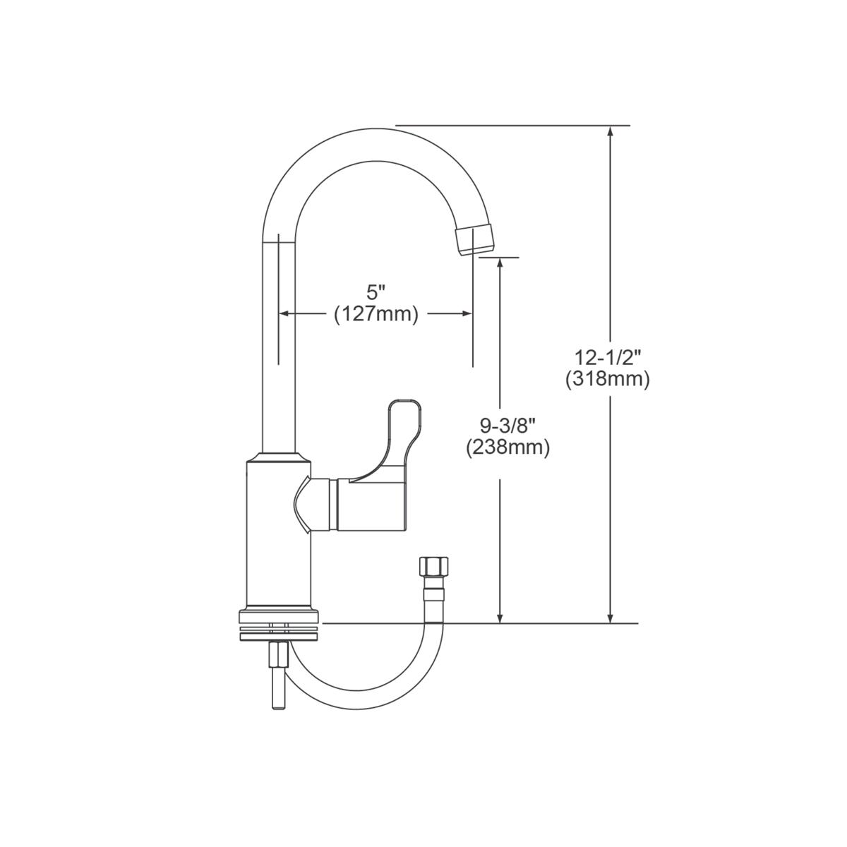 Chrome deck mount faucet with gooseneck spout and left-side lever handle, 12-1/2" height.