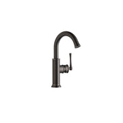 Antique steel single-hole bar faucet with curved spout and forward-only lever handle.