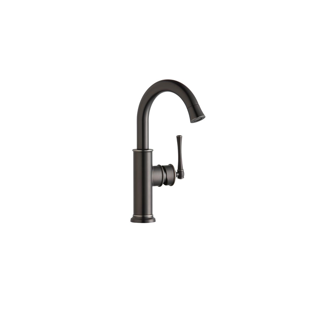 Antique steel single-hole bar faucet with curved spout and forward-only lever handle.