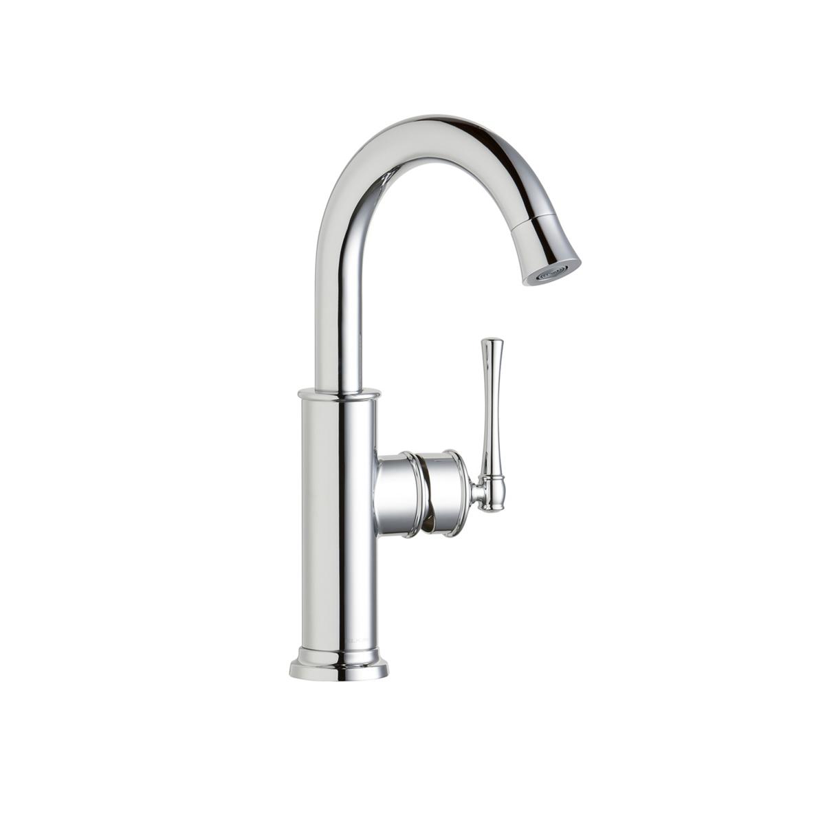 Chrome bar faucet with curved spout and forward-only lever handle on cylindrical base.